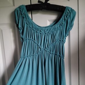 S Teal Ruffled Shoulder Shirred Top